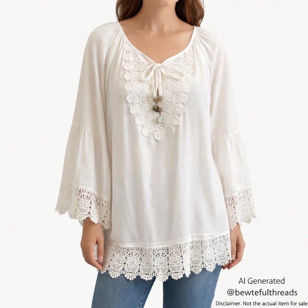 White Boho Lace Trim Tunic EU 40 | Viscose Bell Sleeve Romantic Top